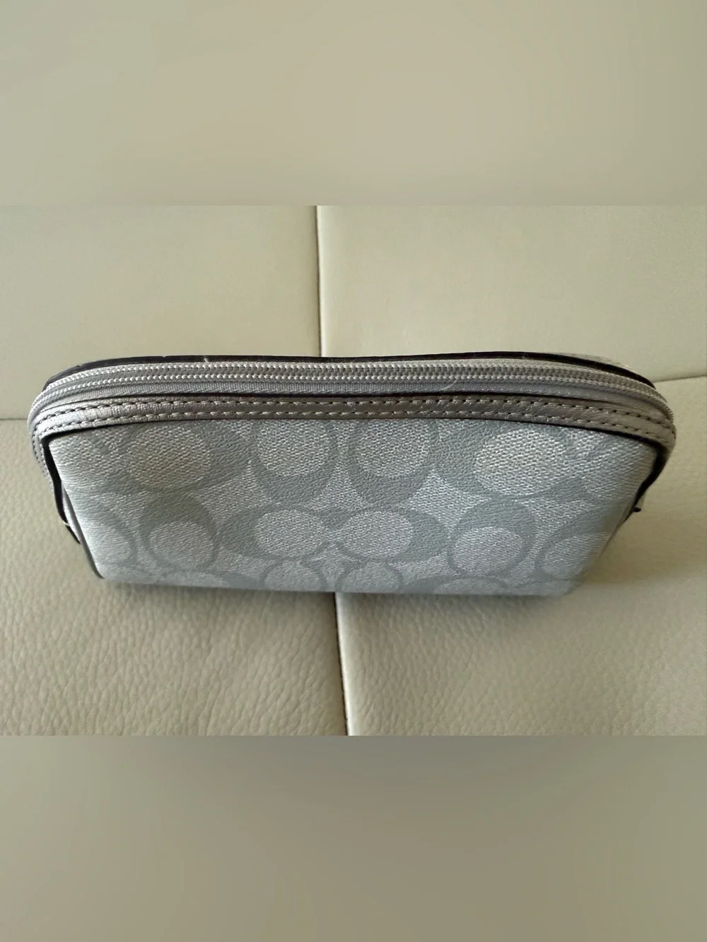 Classic Authentic COACH Signature Metallic Silver Cosmetic Pouch - Used